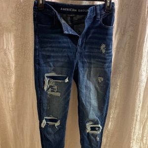 American Eagle dark blue curvy highest rise distressed jegging